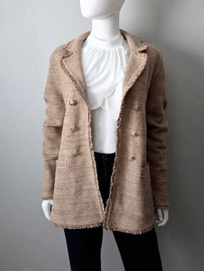 Chico's Metallic Tweed Sweater Blazer, Super Soft Layering Piece Tan & Gold LG